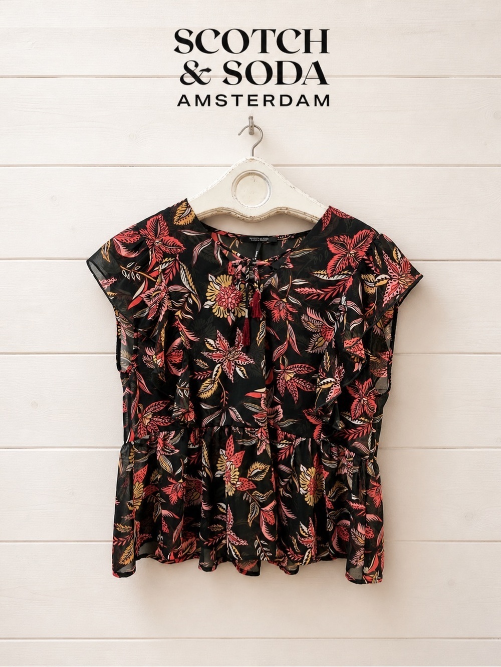 SCOTCH & SODA Floral Ruffle Blouse Black Pink L